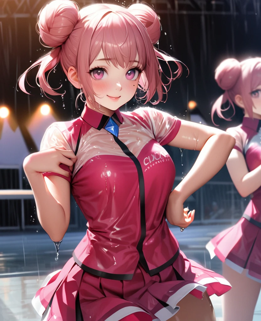 One Girl、Looking at the audience、lovely,
Beautiful pink eyes、Two brown double hair buns , Mole under the eye、Plump and glossy lips、Heart-shaped choca、Dance team uniformini skirt, Her name is May,smile、ー、。.。.。.。.。.。.。.。.。.。.。.。.。.。.。.。.。.。.3D、Realistic、
Dance team uniforms was soaked in the heavy rain, and her chest was wet and transparent.Heavy rain at outdoor concert, Drape clothes、gem、The decoration has been removed、Floral、Lace trim,On a glittering stage、
masterpiece、highest quality、8k、Detailed skin texture、Detailed cloth texture、Beautifully detailed face、Intricate details、Very detailed、
超A high resolution、8k Ultra HD、Film Grain、Best Shadow、delicate、Gazing at the audience、front