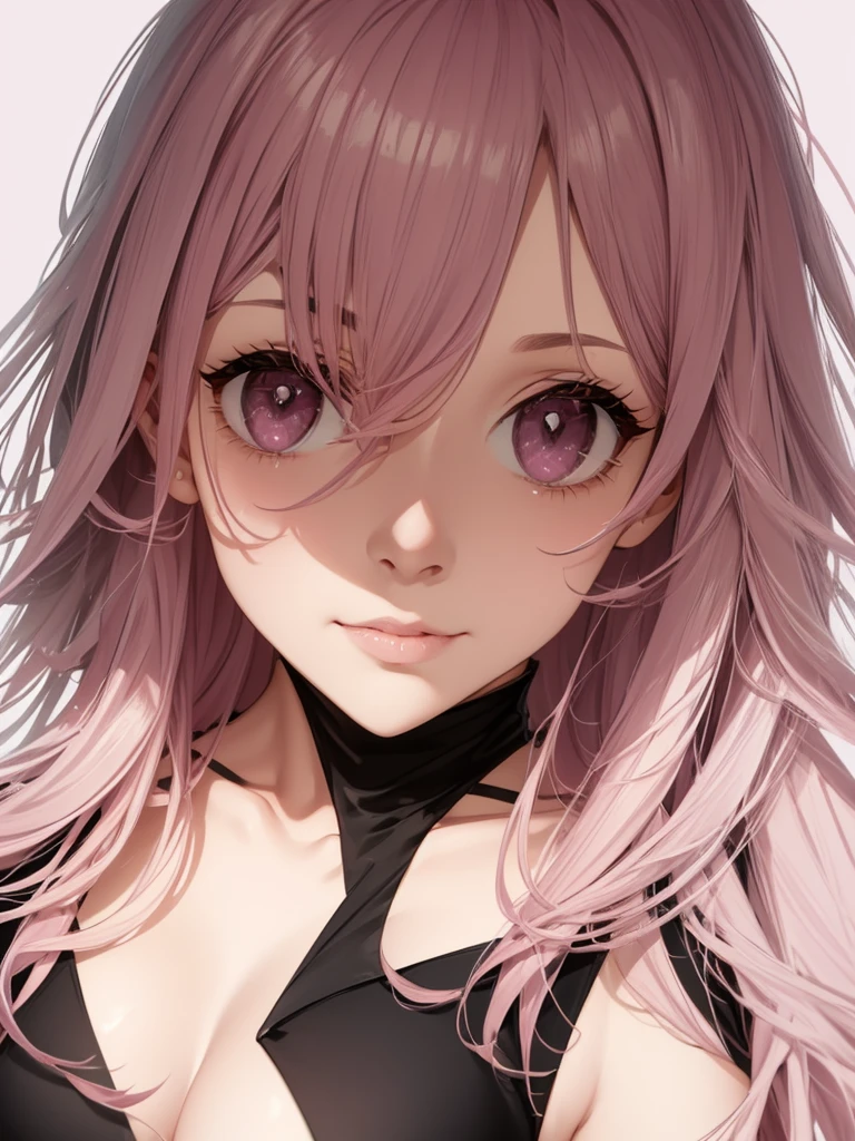 pink hair, grey eyes with pink pupils-crosses, cleavage, beautiful dress, accessories, round sunglasses on top of the head, straight hair, wavy front strands, cheeky grin, Removed bangs, black dress