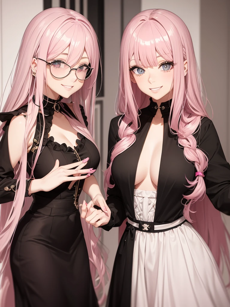 pink hair, grey eyes with pink pupils-crosses, cleavage, beautiful dress, accessories, round sunglasses on top of the head, straight hair, wavy front strands, cheeky grin, Removed bangs, black dress
