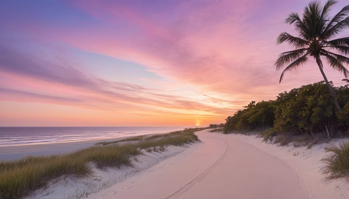 a serene coastal scene at sunset. Picture a bike path curving gently towards the beach, lined sand tall, slender palm trees swaying gently in the breeze. The sky is painted in soft hues of pink, purple, and orange, reflecting the calmness of the approaching evening. A few wispy clouds add texture to the sky, while the ocean in the background captures the last glimmers of sunlight. The overall mood should evoke a sense of tranquility and the beauty of a tropical sunset.