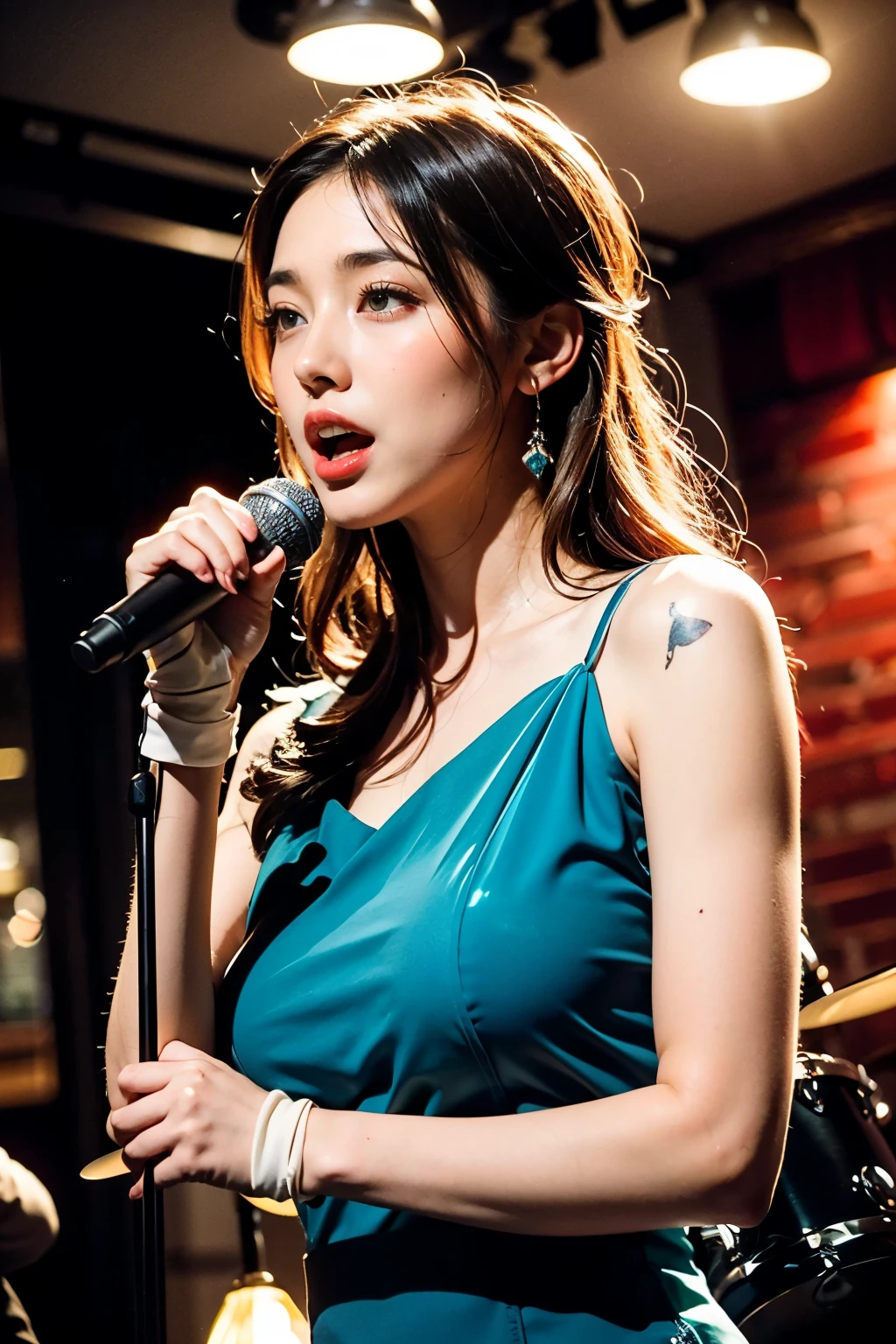 best quality,4K,8K,mackerel,masterpiece:1.2),very detailed,(realistic,photorealistic,photo-realistic:1.37), vivid colors, stage spotlight, vintage microphone, Elegant hair, elegant pose, dynamic atmosphere, stylish interior, Classic Jazz Age Atmosphere, captivating performance, a touching expression, animated jazz band, rhythmic music, passionate singing, Microphone Stand, lively crowd, charming atmosphere, Seamless visual composition, fascinating red lighting, Dorothea, long hair, green eyes, wearing a light green dress, long white elbow gloves, Holding an old 1920s microphone, jazz club background, singing