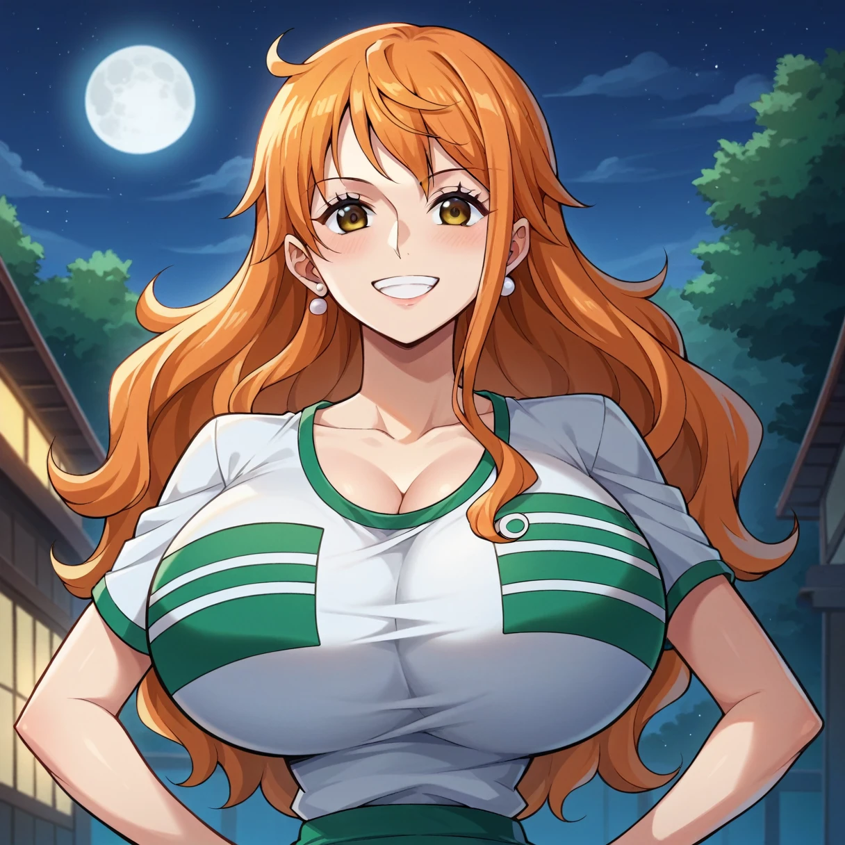 score_9, score_8_up, score_7_up, score_6_up, score_5_up, score_4_up, BREAK source_anime,POV,,smile,standing,nami_post, orange hair, long hair, wavy hair, side locks, brown eyes, gigantic breasts, narrow waist, black t-shirt,short sleeves,outdoors, night, full moon background