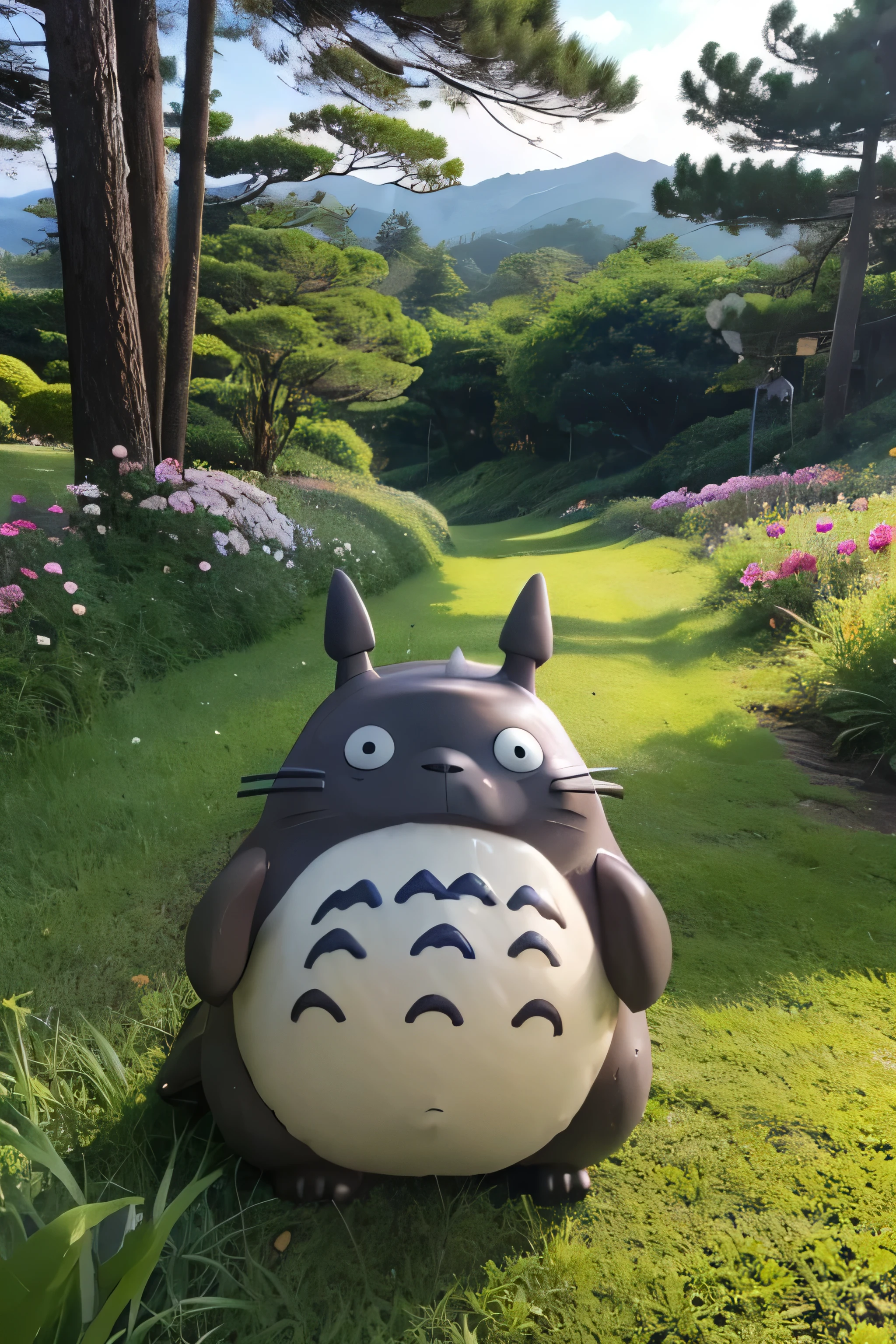 Totoro is eating dorayaki.,On the grass hill,The surrounding area is full of flowers.,A variety of cute colors everywhere.,The sky is clear and clear.,