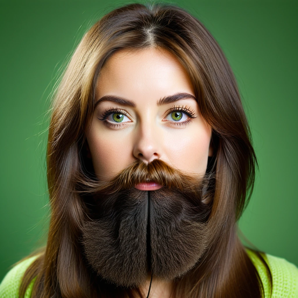 ultra sharp portrait, woman with huge shaggy beard on the cheeks under the eyes, tied brown hair, light green eyes, big nose