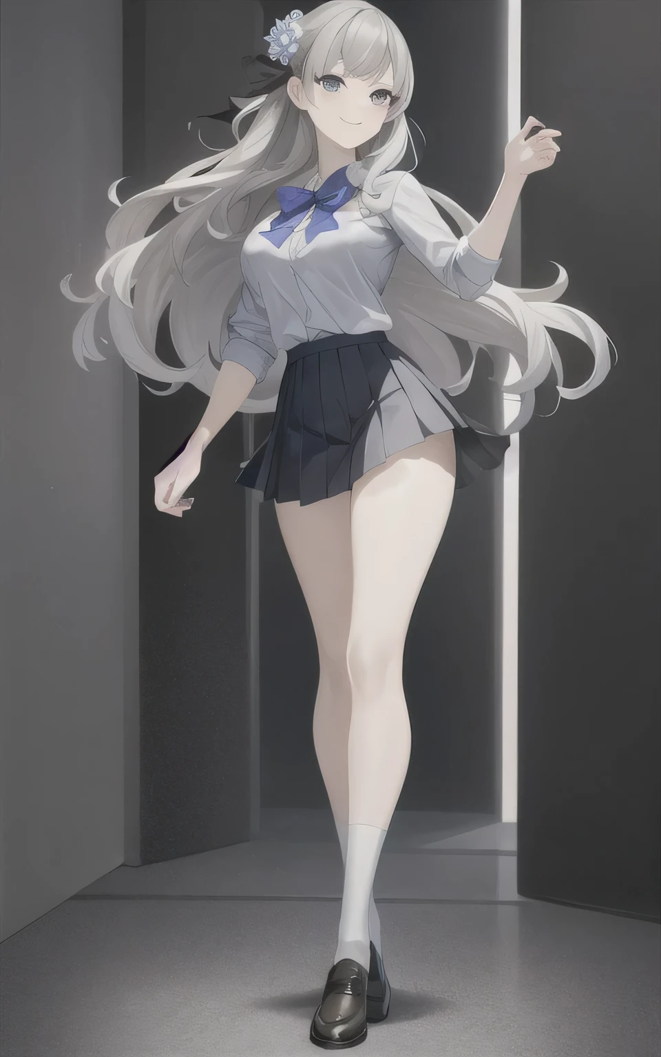 masterpiece, best quality,fuyusaka iori 1, 1girl, solo, hair flower, white shirt, skirt, pleated skirt, black skirt, shoes, hair ornament, flower, long hair, completely nude, full body, socks, grey hair, white flower, standing, grey eyes, outline, looking at viewer, highly detailed school background, middle breast, smile, shameful face, slander, straight on, perfect hands, perfect eyes