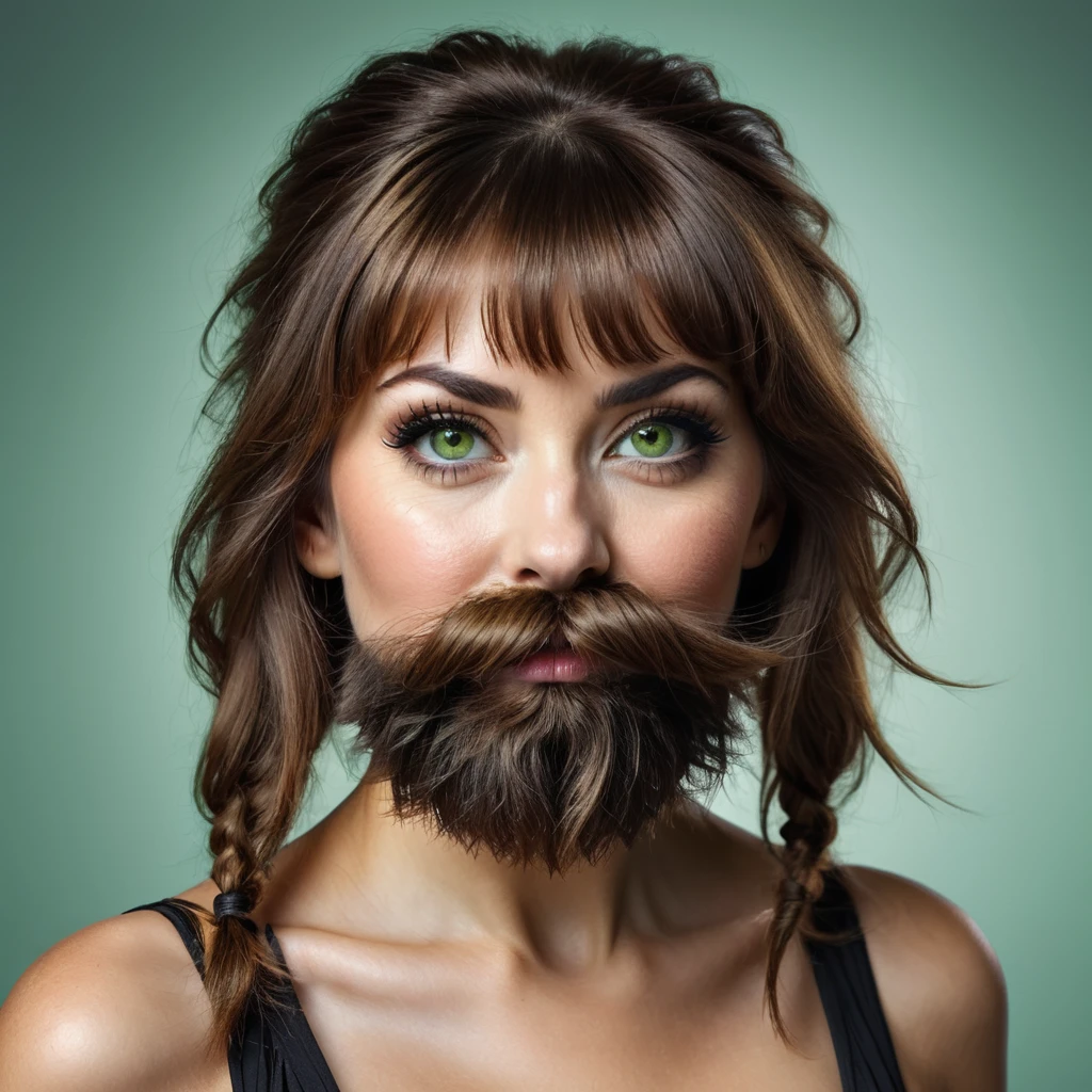 ultra sharp portrait, woman with huge shaggy beard on the cheeks under the eyes, tied brown hair, light green eyes, big nose