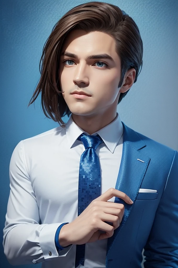 estilo do Minecraft. The character has a pixelated appearance with a predominantly blue and white color palette., featuring details such as brown hair on the head, a white shirt with a blue tie and blue pants.
