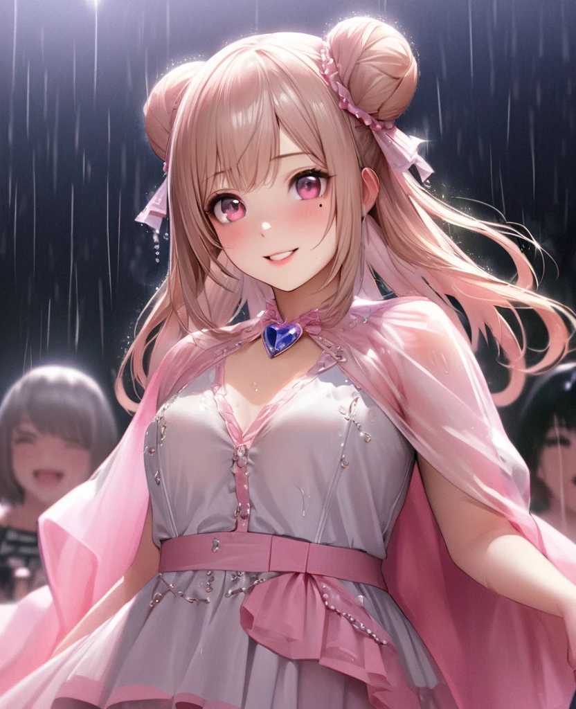 One Girl、Looking at the audience、lovely,
Beautiful pink eyes、Two brown double hair buns , Mole under the eye、Plump and glossy lips、Heart-shaped choca、Idol、Her name is May,smile、ー、。.。.。.。.。.。.。.。.。.。.。.。.。.。.。.。.。.。.3D、Realistic、
The idol's costume was soaked in the heavy rain, and her chest was wet and transparent.Heavy rain at outdoor concert, Drape clothes、gem、The decoration has been removed、Floral、Lace trim,On a glittering stage、
masterpiece、highest quality、8k、Detailed skin texture、Detailed cloth texture、Beautifully detailed face、Intricate details、Very detailed、
超A high resolution、8k Ultra HD、Film Grain、Best Shadow、delicate、Gazing at the audience、front