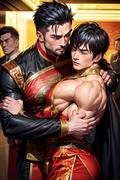 muscular man wearing chinese traditional sexy dress. The muscular man hugged an old man in a black suit in a club and the old man holding the muscular man chest. gay
