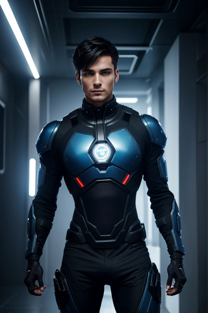 How to make a handsome man in his 20s The world in 2100、Cyberpunk room background、Dressed in a cyberpunk robot suit、Blue Eyes,Black short hair、Shave cleanly,Attractive and serious look, Stylish and elegant,Strong body((Highest quality, 8k, masterpiece), Ultra HD Photos, (Beautiful face details, Skin texture details, Ultra-detailed body:1.1)、Looking at us from the front