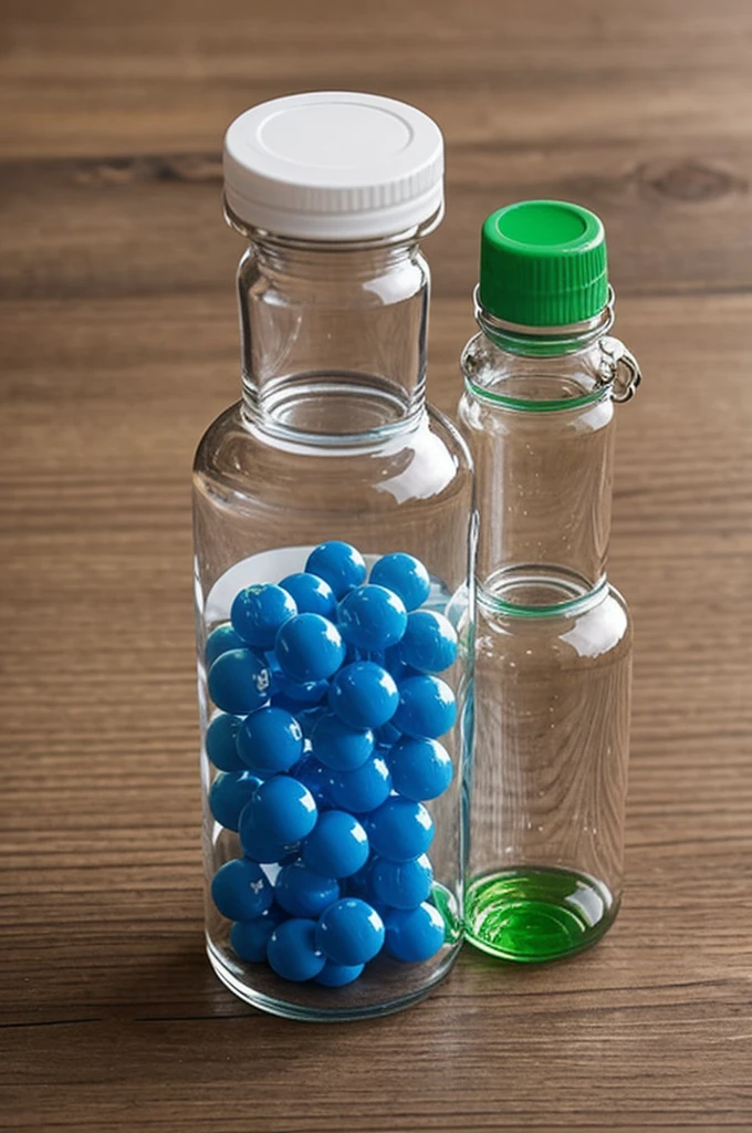Make an image individually presenting the following materials Transparent closing bag A small bottle of dye Small balls that grow in water That the materials are on a table and that it is not of such good quality, something everyday 
