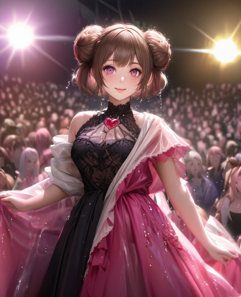 One Girl、Looking at the audience、lovely,
Beautiful pink eyes、Two brown double hair buns , Mole under the eye、Plump and glossy lips、Heart-shaped choca、Idol、Her name is May,smile、ー、。.。.。.。.。.。.。.。.。.。.。.。.。.。.。.。.。.。.3D、Realistic、
The idol's costume was soaked in the heavy rain, and her chest was wet and transparent.Heavy rain at outdoor concert, Drape clothes、gem、The decoration has been removed、Floral、Lace trim,On a glittering stage、
masterpiece、highest quality、8k、Detailed skin texture、Detailed cloth texture、Beautifully detailed face、Intricate details、Very detailed、
超A high resolution、8k Ultra HD、Film Grain、Best Shadow、delicate、Gazing at the audience、front