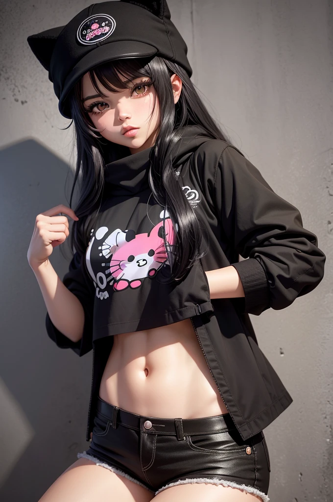 ((Naked))、(Magazine Cover:1.1)、Ulzzang-6500、(Realistic:1.3)、(original:1.2)、masterpiece、highest quality、Beautiful pretty face、Whole Body Ezbian、1 Female、(Wear headphones with complex electronics)、Wearing a black techwear jacket and navy blue pants with buckles and tape、(Crystal Necklace)、Pose for a photo、Remains、Pylon