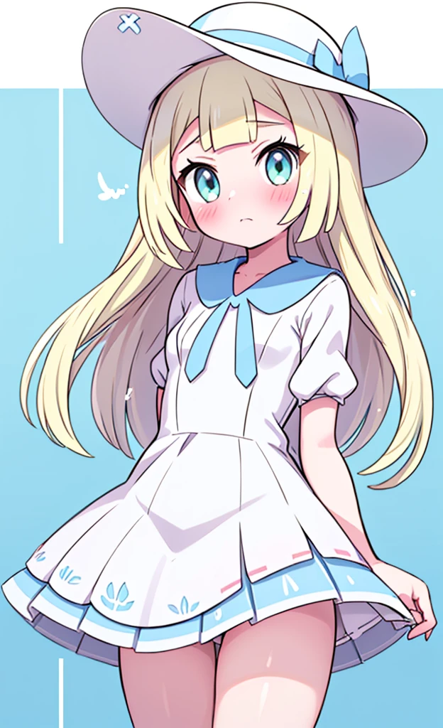 masterpiece,best quality,1 girl,solo,blush with embarrassment,Lillie,Pokémon,White Pleated Dresses,White clothes with light blue collar,Pokémon風の画風,(boldline:1.6),(deluster:1.5),(flat:1.5),White wide-brimmed hat with light blue ribbon, ,**li, body,wet