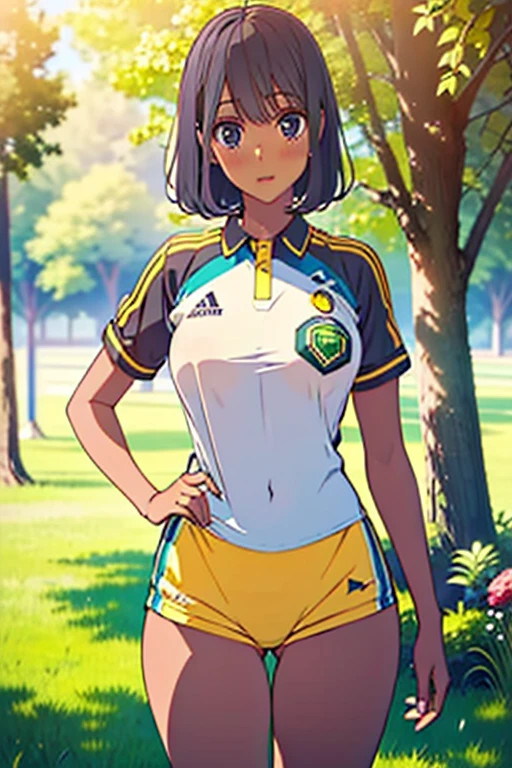 masterpiece, best quality, dark skin, short hair, yellow eyes, black hair, beautiful girl, thin, full body, plan boobs, short boobs, small boobs, short chest, big butt, wide thigh, green soccer jersey kit, park background