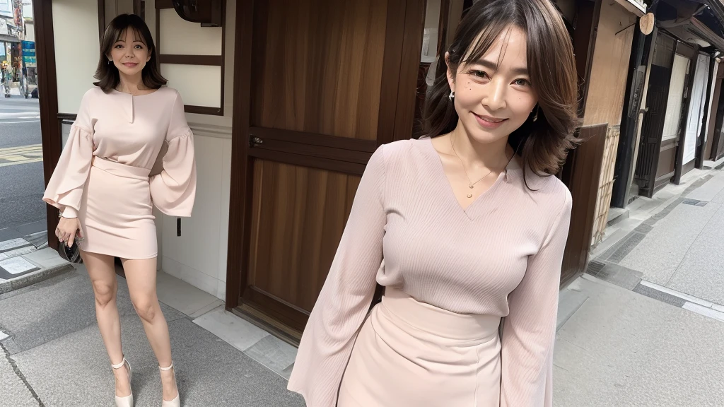 ((Highest quality)), ((8K)), ((masterpiece:1.3)), (Perfect look), (Photorealism:1.6), (One Japanese Mature), (A woman walking through an old Japanese town), Blurred Background, (JMA, PT), ((画面中央にOne Japanese Mature)), ((Realistic skin texture)), (Fine wrinkles all over the skin:1.3), (Dull skin:1.1), (Unmoisturized skin:1.2), (Facial wrinkles:0.9), (Wrinkles around the eyes:1.2), double eyelid, Tear bags on the lower eyelids, (Crying Mole:0.9), The eyes are watching me, Serious look, (Dimples on cheeks:1.2), (Short bangs:1.2), Long hair with curled ends, (Hair over the ears), Smiling with the corners of his mouth turned up, (Red blouse), (Black long skirt), Soft fabric blouse, (Wide-necked blouse: 1.4), Wide sleeves, Cuffs that fit snugly around the wrist, Long Skirt, Small breasts, (Salmon pink lips), (Red high heels:1.2), (Standing posture, Full body portrait:1.4), (Angle from the feet:1.4),