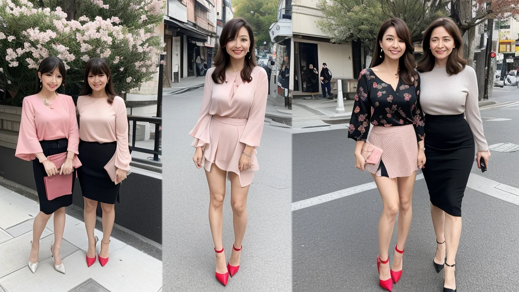((Highest quality)), ((8K)), ((masterpiece:1.3)), (Perfect look), (Photorealism:1.6), (One Japanese Mature), (A woman walking through an old Japanese town), Blurred Background, (JMA, PT), ((画面中央にOne Japanese Mature)), ((Realistic skin texture)), (Fine wrinkles all over the skin:1.3), (Dull skin:1.1), (Unmoisturized skin:1.2), (Facial wrinkles:0.9), (Wrinkles around the eyes:1.2), double eyelid, Tear bags on the lower eyelids, (Crying Mole:0.9), The eyes are watching me, Serious look, (Dimples on cheeks:1.2), (Short bangs:1.2), Long hair with curled ends, (Hair over the ears), Smiling with the corners of his mouth turned up, (Red blouse), (Black long skirt), Soft fabric blouse, (Wide-necked blouse: 1.4), Wide sleeves, Cuffs that fit snugly around the wrist, Long Skirt, Small breasts, (Salmon pink lips), (Red high heels:1.2), (Standing posture, Full body portrait:1.4), (Angle from the feet:1.4),