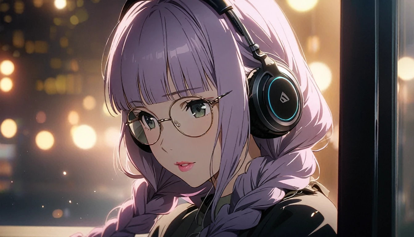 (girl:1.5), (masterpiece:1.3), Anime Visual, (girlはセーラー服を着ています, Headphones:1.3 ), (Love love:1.5), (Tilt your head:1.3), Very delicate face, Soft Clean Focus, Realistic lighting and shading, (Very delicate and beautiful art:1.3), elegant, (Calm colors:1.1),(Light purple hair,Two wavy braids,Blunt bangs,Green and black eyes.Pink Lips:1.4),thin,night lighting,Glasses,Emotional touch,Looking out the window,coffee