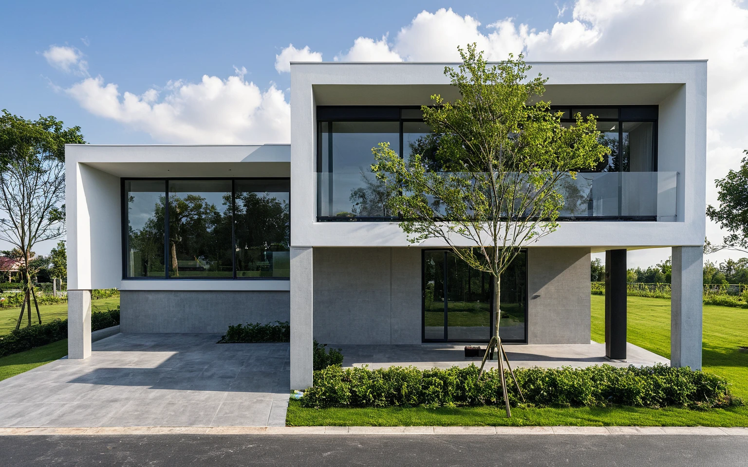 Masterpiece, high quality, best quality, authentic, super detail, outdoors, onestoreyvillaXL, aiaigroup, house style modern on the street ,stairs, white wall ,road,pavement, grass, trees, sky, cloud, (daylight:1.1)