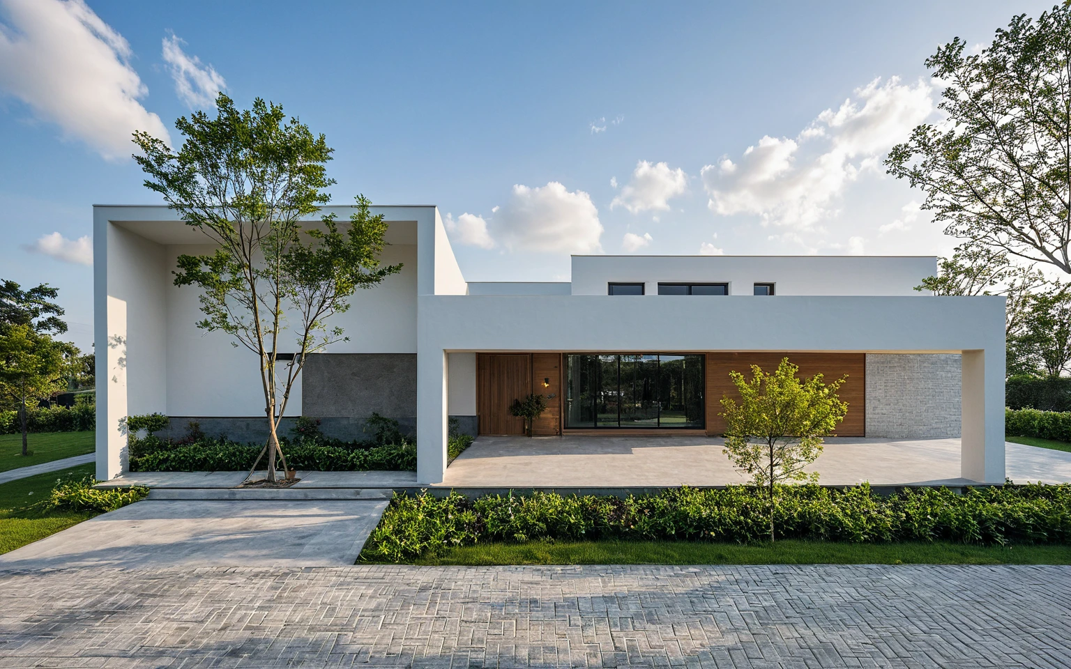 Masterpiece, high quality, best quality, authentic, super detail, outdoors, onestoreyvillaXL, aiaigroup, house style modern on the street ,stairs, white wall ,road,pavement, grass, trees, sky, cloud, (daylight:1.1)