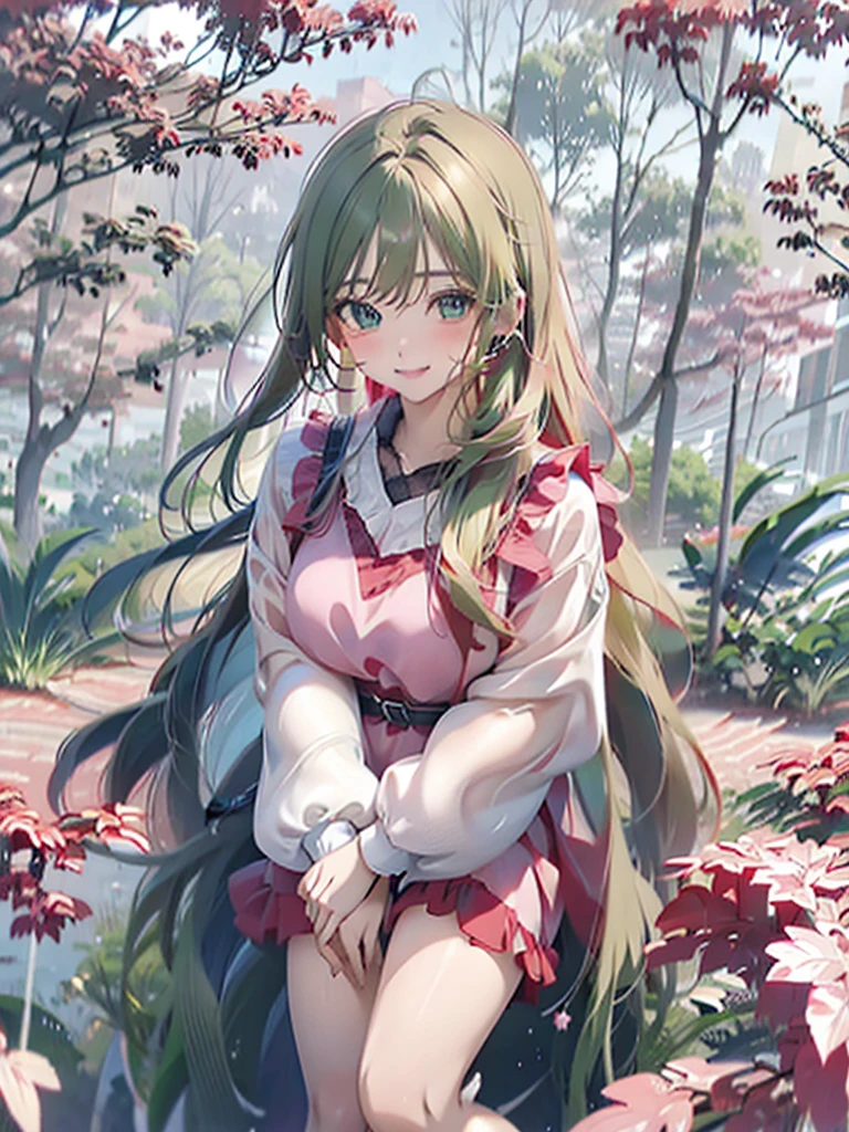High quality image, beautiful woman, wonderful woman, beautiful woman, green eyes, beautiful eyes, long blonde hair, pink hair highlights, red long dress, forest landscape, White floor, blue trees, purple sky, beautiful woman