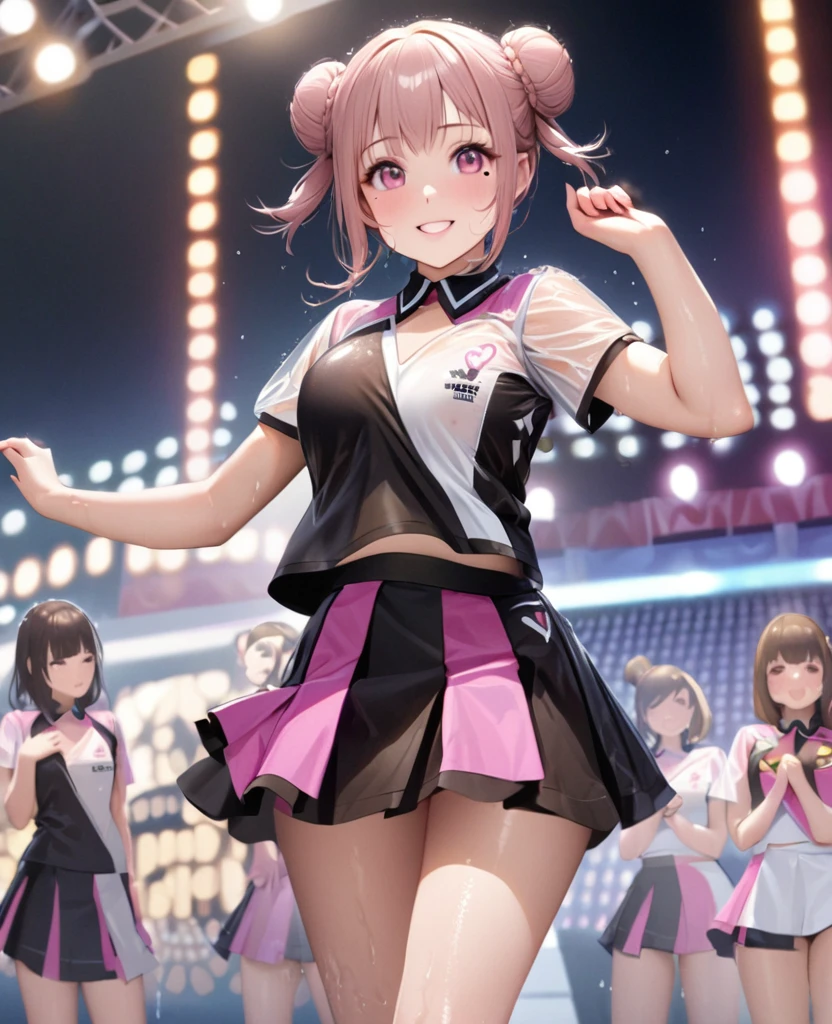One Girl、Looking at the audience、lovely,
Beautiful pink eyes、Two brown double hair buns , Mole under the eye、Plump and glossy lips、Heart-shaped choca、Dance team uniformini skirt, Her name is May,smile、ー、。.。.。.。.。.。.。.。.。.。.。.。.。.。.。.。.。.。.3D、Realistic、
Dance team uniforms was soaked in the heavy rain, and her chest was wet and transparent.Heavy rain at outdoor concert, Drape clothes、gem、The decoration has been removed、Floral、Lace trim,On a glittering stage、
masterpiece、highest quality、8k、Detailed skin texture、Detailed cloth texture、Beautifully detailed face、Intricate details、Very detailed、
超A high resolution、8k Ultra HD、Film Grain、Best Shadow、delicate、Gazing at the audience、front