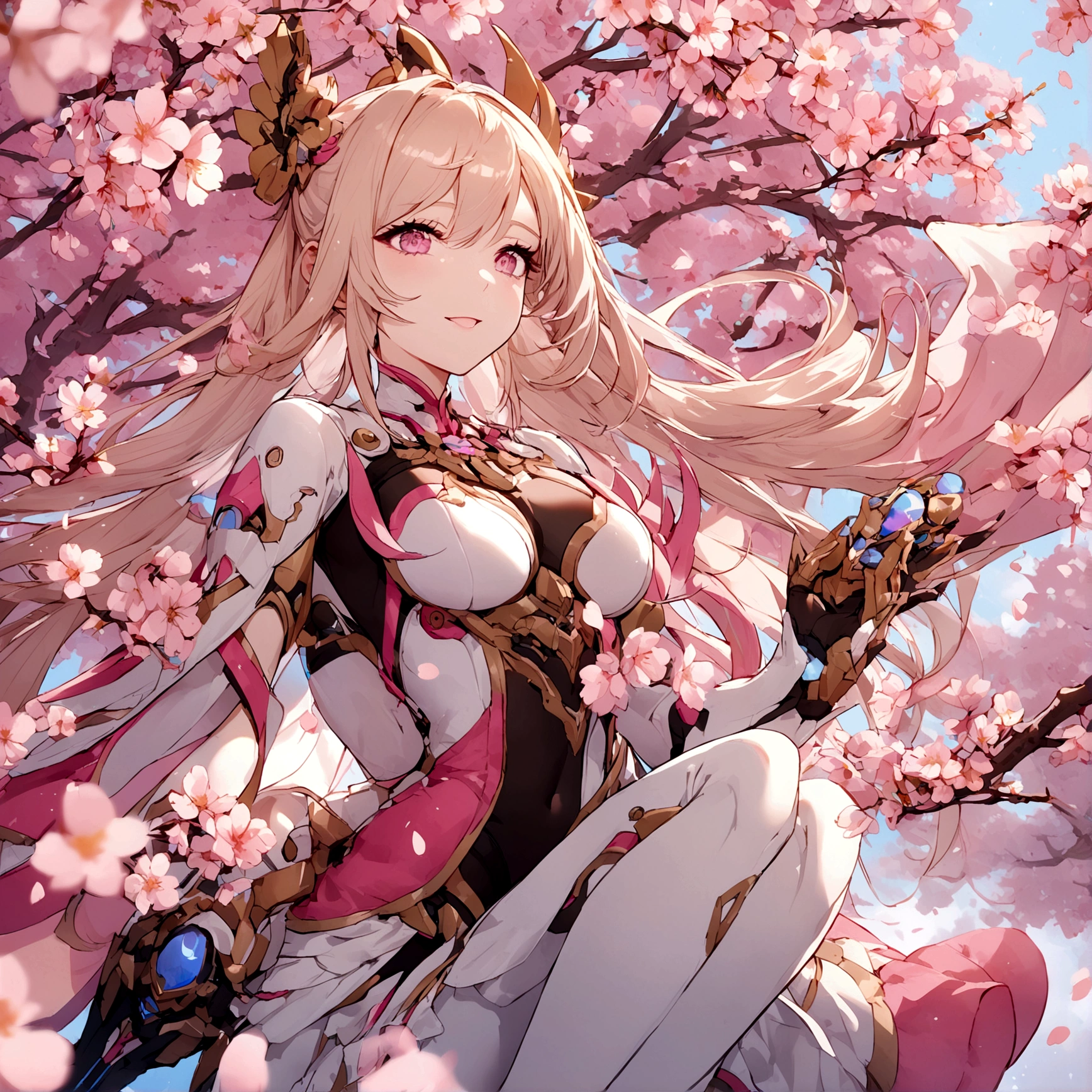 Pink mercy with long hair from overwatch surrounded by cherry blossoms in flight