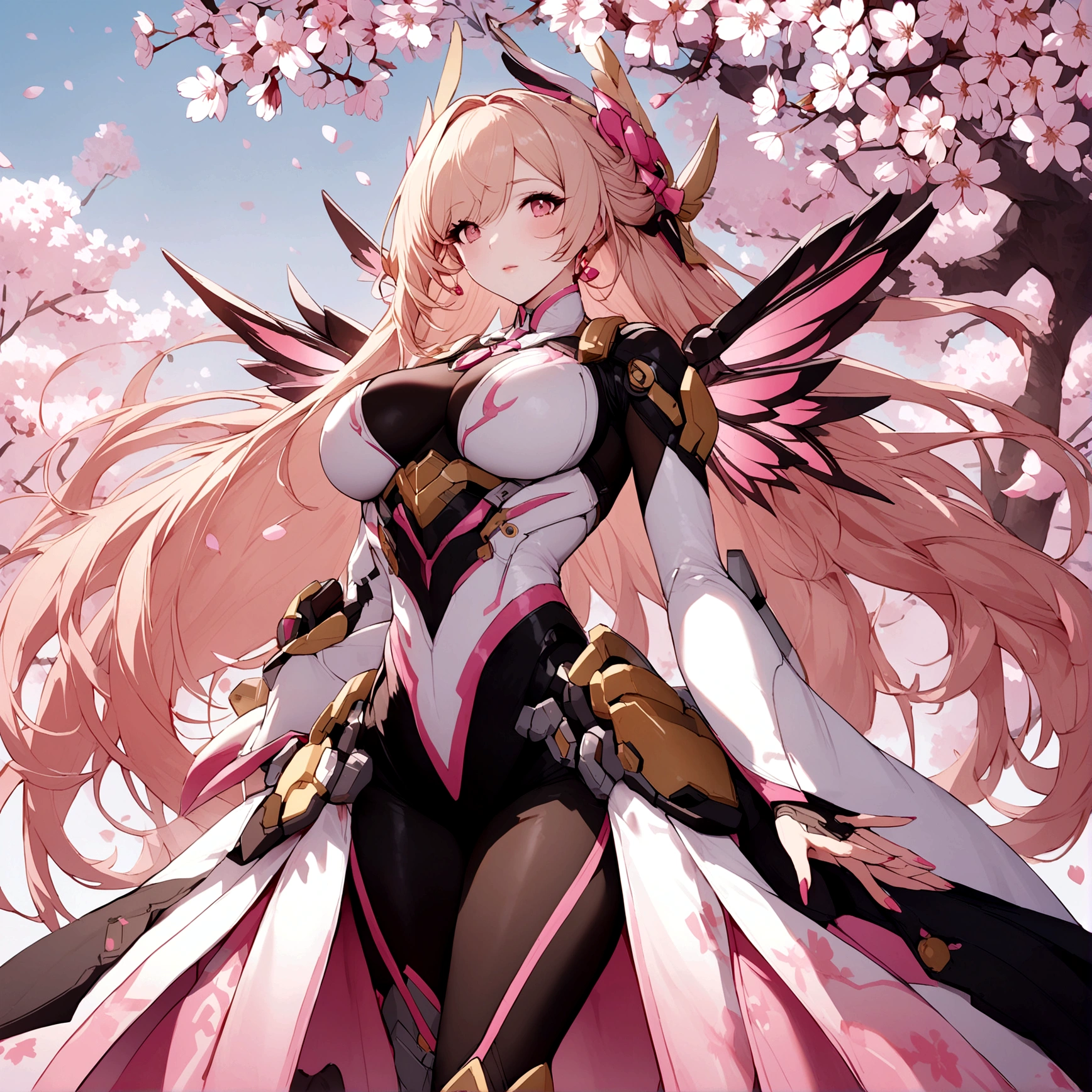 Pink mercy with long hair from overwatch surrounded by cherry blossoms in flight