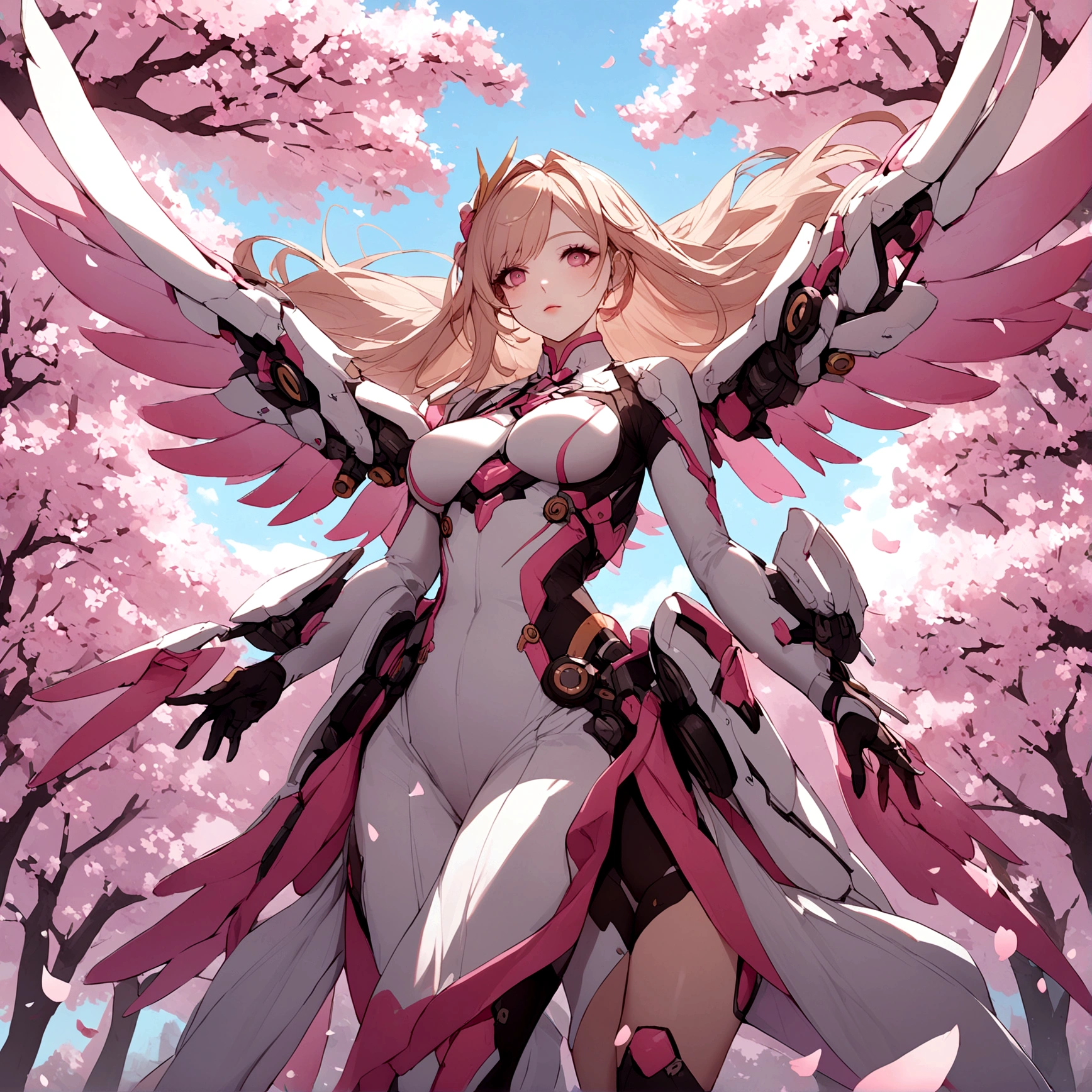 Pink mercy with long hair from overwatch surrounded by cherry blossoms in flight