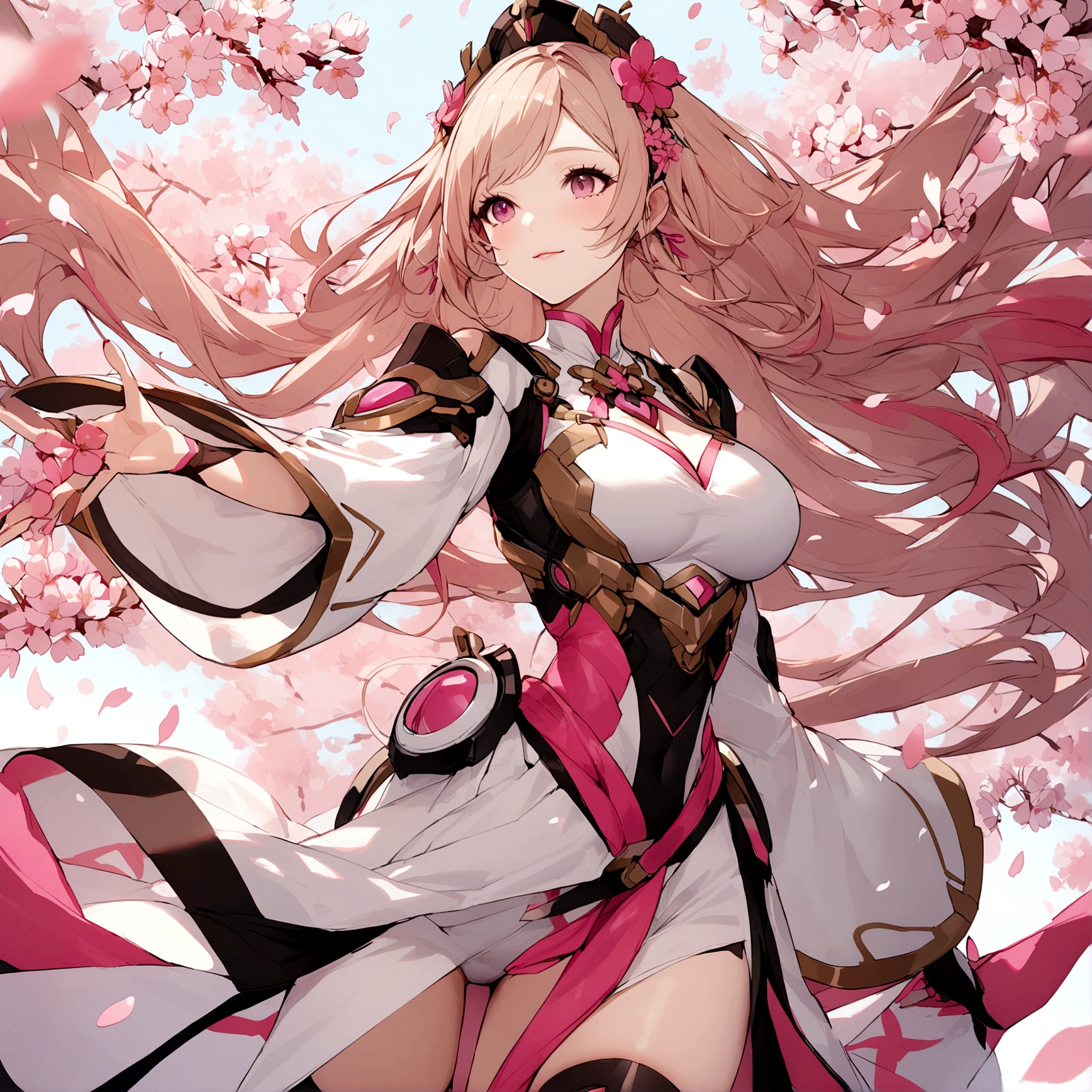 Pink mercy with long hair from overwatch surrounded by cherry blossoms in flight