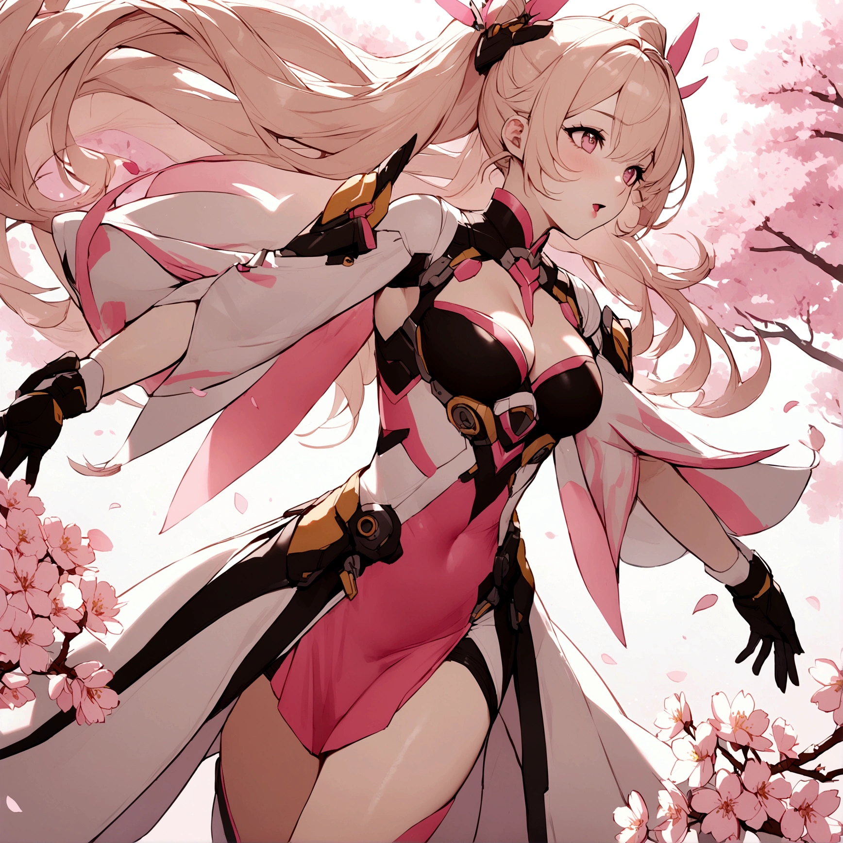 Pink mercy with long hair from overwatch surrounded by cherry blossoms in flight