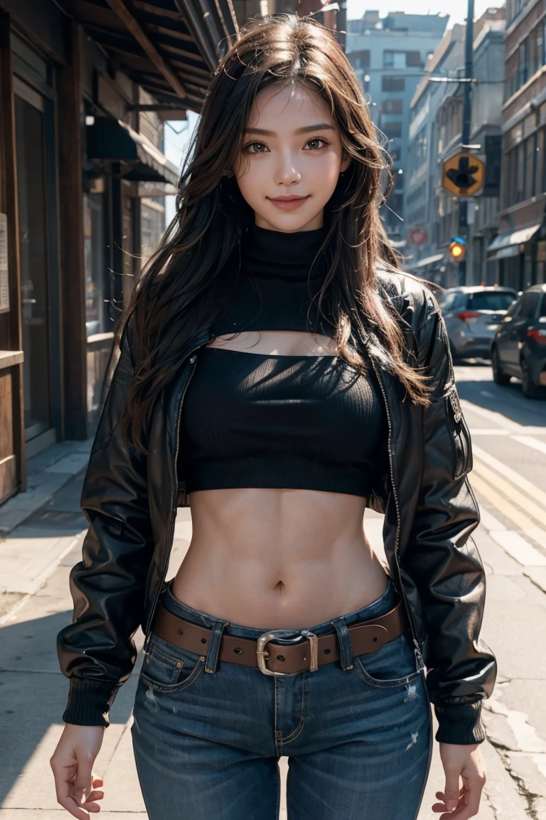 a girl,Long sleeve,Boss,Navel down jacket,(bare midriff, exposed navel), sexy abs, navel open,completely exposed abdomen, Low-rise pants,Exposing the entire abdomen,Expose the mermaid line,metal belt, winter,snow,street, cinematic lighting, ray tracing, Fujicolor, anaglyph, cowboy shot, high detail, Verism, UHD, masterpiece, anatomically correct, textured skin, super detail, high details, award winning, best quality, 4K,Looking at the camera,Smile