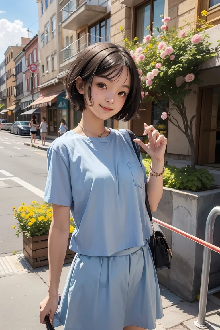 cute young short hair girl chilling around the city, the sky are blue and very happy joyful day, she is wearing a modern shirt with cute flower skirt, very creative angle with cool posture