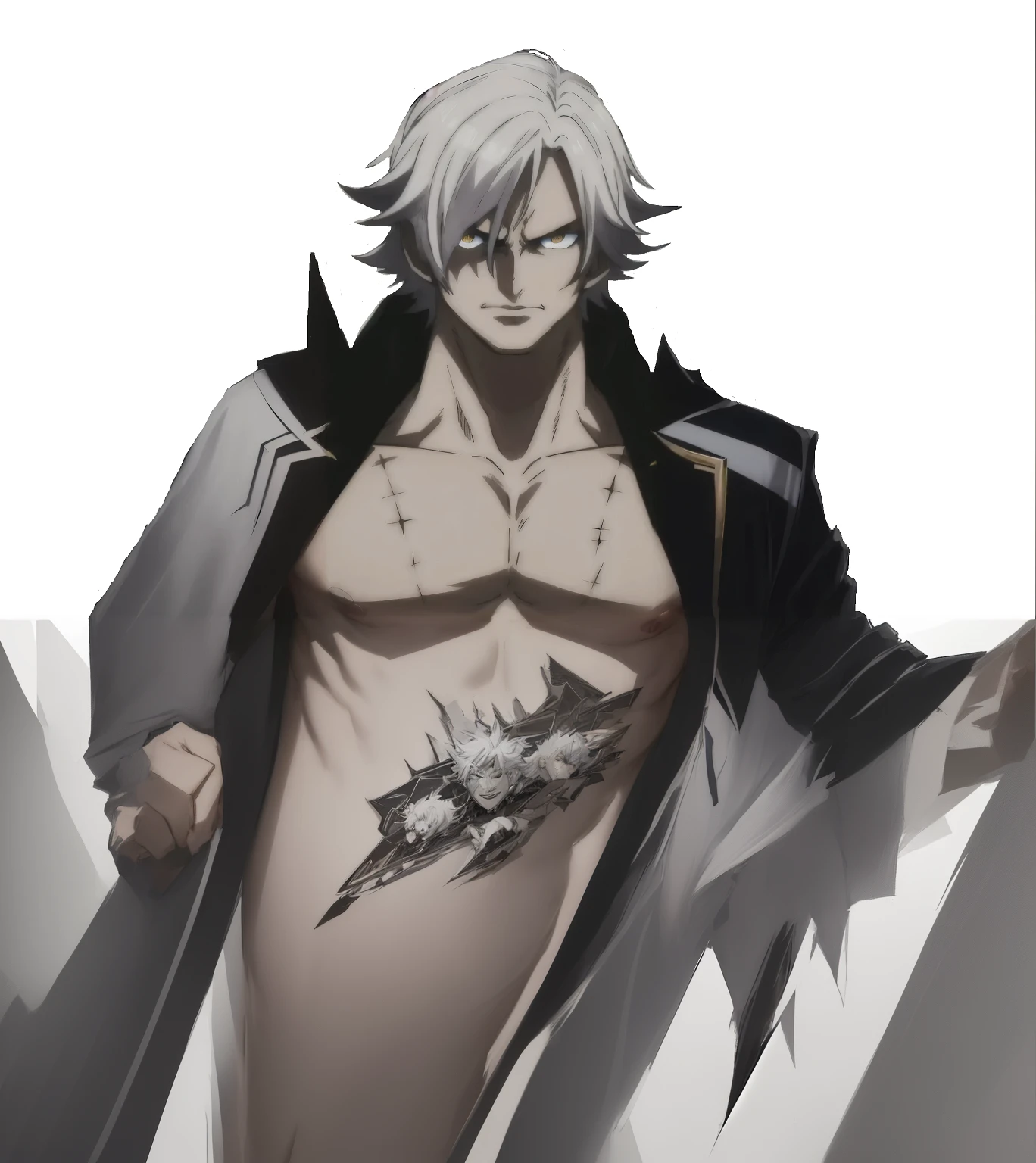 a close up of a person with a white hair and a black and white outfit, a silver haired mad, white haired deity, hajime yatate, he's very menacing and evil, white fox anime, male anime character, nefarious smirk, best anime character design, screenshot from black clover, menacing pose, beautiful male god of death, open jacket, jeans, shirtless under jacket