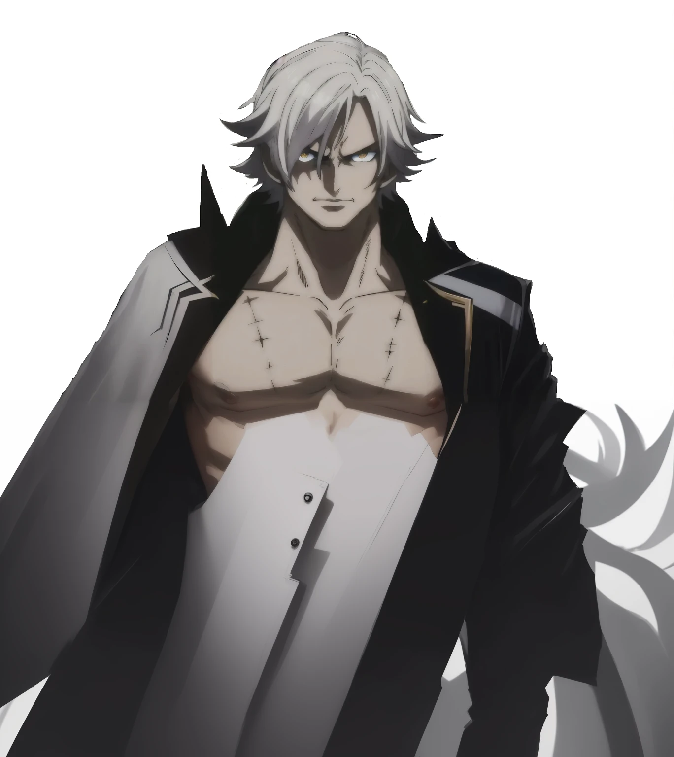 a close up of a person with a white hair and a black and white outfit, a silver haired mad, white haired deity, hajime yatate, he's very menacing and evil, white fox anime, male anime character, nefarious smirk, best anime character design, screenshot from black clover, menacing pose, beautiful male god of death, open jacket, jeans, shirtless under jacket