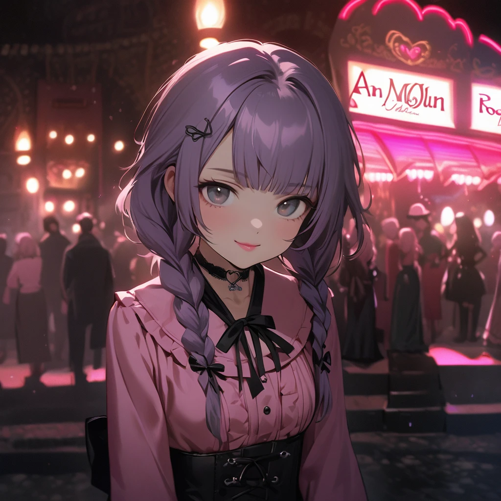 (Cute a girl:1.5), (a girl with closs hair pin,pale purple hair,wavy two braids,bluntbangs hair,green and black eyes,
pink shirt,cosplay, jirai kei, bangs, black skirt, black bow, looking at viewer, bow, long sleeves, choker, ribbon,pink lips,Thick-soled boots, :1.4),(masterpiece:1.3), anime visual, (Lovey-dovey:1.5), (tilt head:1.3), extremely delicate face, soft clean focus, realistic lighting and shading, (an extremely delicate and beautiful art:1.3), elegant, (muted colors:1.1), small breast,slim,The Moulin Rouge in Paris, mysterious pink light, a slightly dark room,look at viewer,smiling,morning lit,