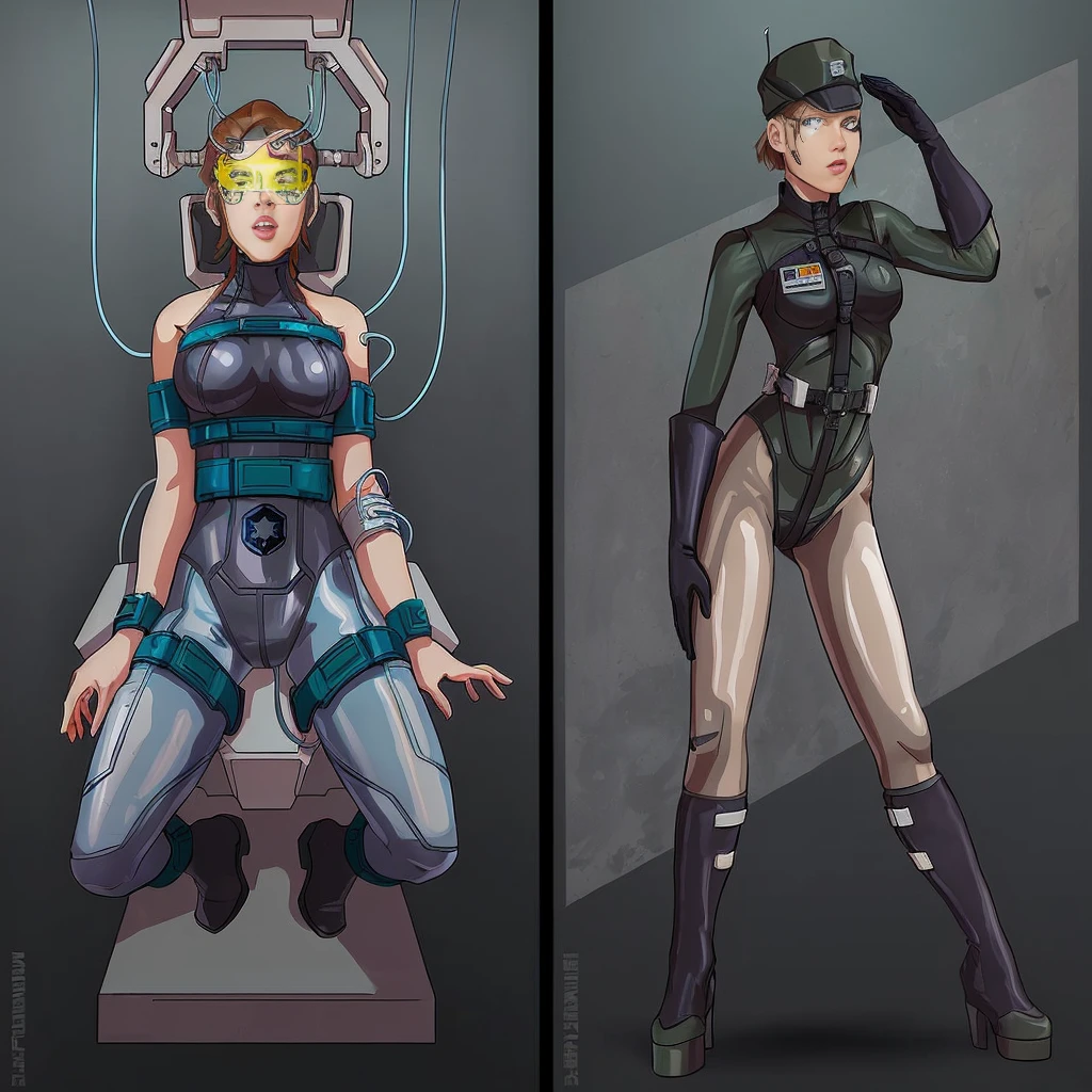 there are two pictures of a woman in a uniform and a man in a suit, metal gear solid art style, metal gear solid style, metal gear solid inspired, inspired by Masamune Shirow, metal gear solid anime cyberpunk, video game fanart, from metal gear, metal gear style, commission for high res, cyberpunk women, metal gear solid concept art