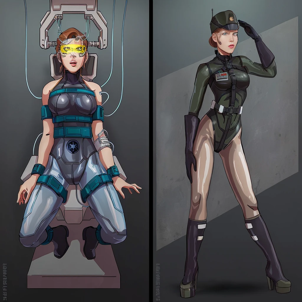 there are two pictures of a woman in a uniform and a man in a suit, metal gear solid art style, metal gear solid style, metal gear solid inspired, inspired by Masamune Shirow, metal gear solid anime cyberpunk, video game fanart, from metal gear, metal gear style, commission for high res, cyberpunk women, metal gear solid concept art