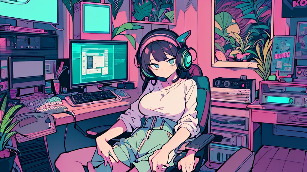 Best quality, (masterpiece:1.2), best detail face,1 girl, big breasts, 18 yo, 8k,absurdres,unity 8k wall paper,(extremely detailed:1.3), highest realistic, (retro headphones:1.1), (soft neon light:1.1), Her room full of music equipment and plants, Leaning back on the chair with a casual attitude, clothing in summer, natural color palette
