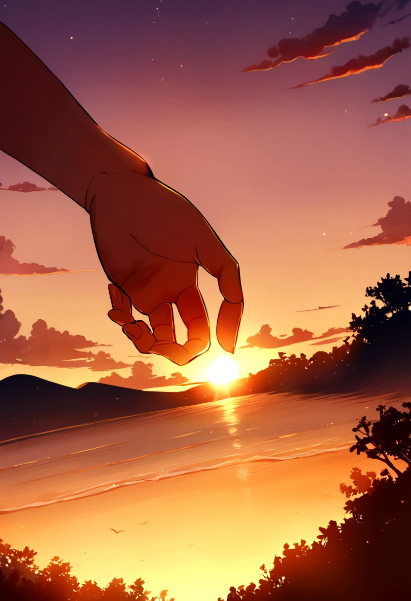 The sun is setting, casting a warm glow over the scene."