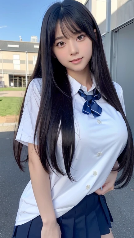 ((High definition)),((high resolution)),((High definition)),((detailed)),((8K)),((Perfect Face)),((Perfect body)),((Realistic)),((Real)),((Realistic)),((beautiful girl)),((school uniform)),((big breasts:1.1)),Straight long hairstyle、((hairstyle that shows off the forehead))、Short skirt、Looking up、Bend over and peer at me、Smile with your mouth closed、Jet black hair、Dark brown eyes、Very white skin、Double eyelids、Big Eyes、Schoolyard、blue sky、sunny