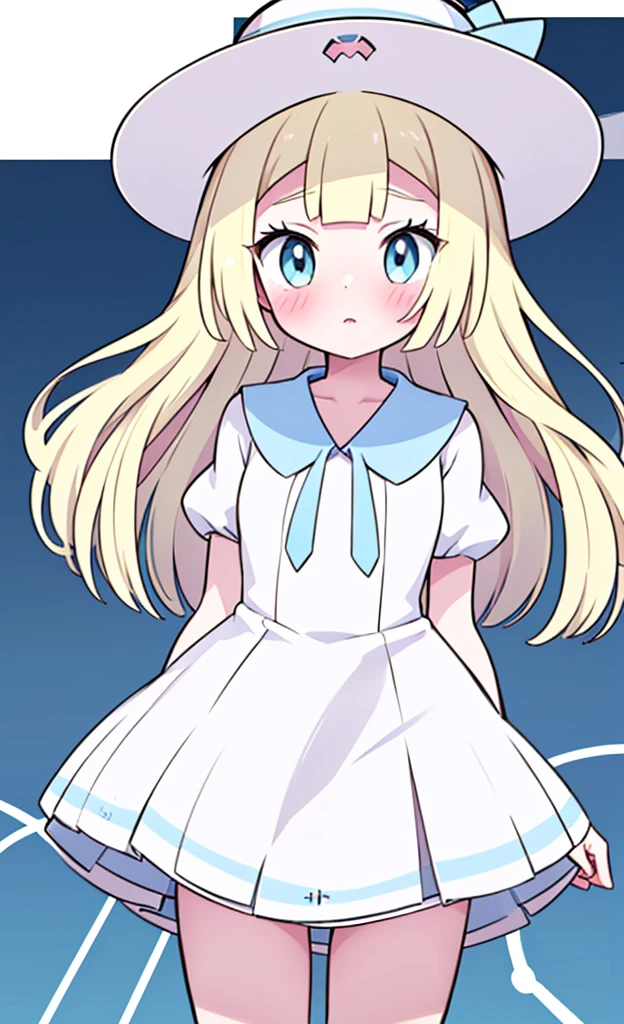 masterpiece,best quality,1 girl,solo,blush with embarrassment,Lillie,Pokémon,White Pleated Dresses,White clothes with light blue collar,Pokémon風の画風,(boldline:1.6),(deluster:1.5),(flat:1.5),White wide-brimmed hat with light blue ribbon, ,loli, body,beach