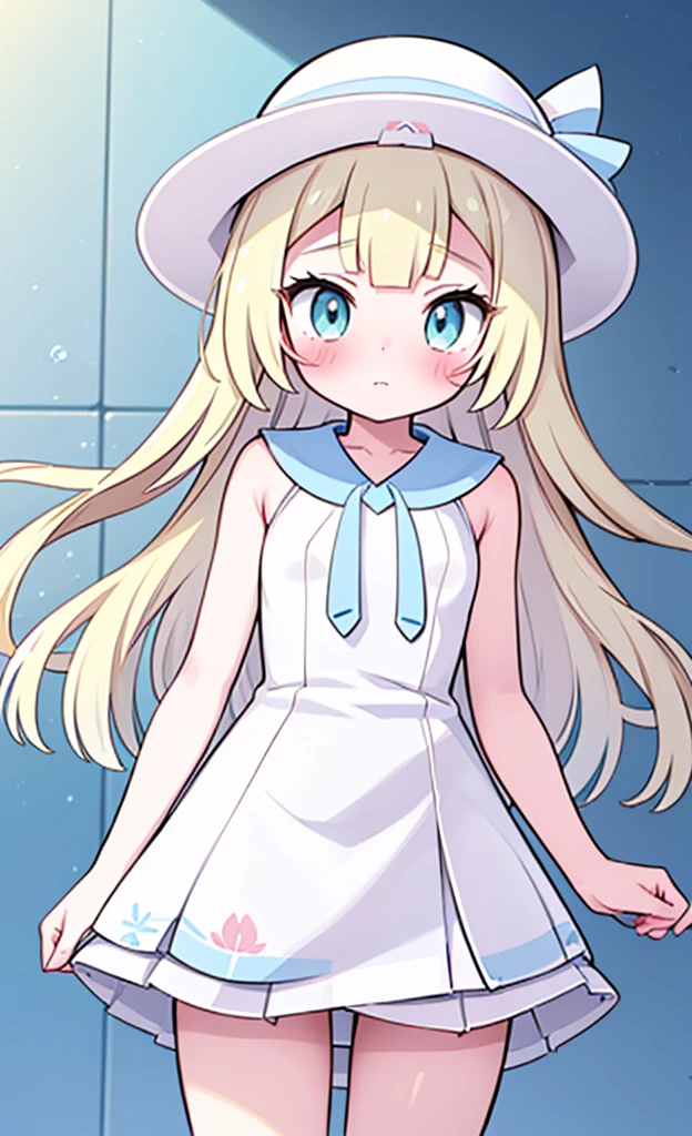 masterpiece,best quality,1 girl,solo,blush with embarrassment,Lillie,Pokémon,White Pleated Dresses,White clothes with light blue collar,Pokémon風の画風,(boldline:1.6),(deluster:1.5),(flat:1.5),White wide-brimmed hat with light blue ribbon, ,loli, body,beach