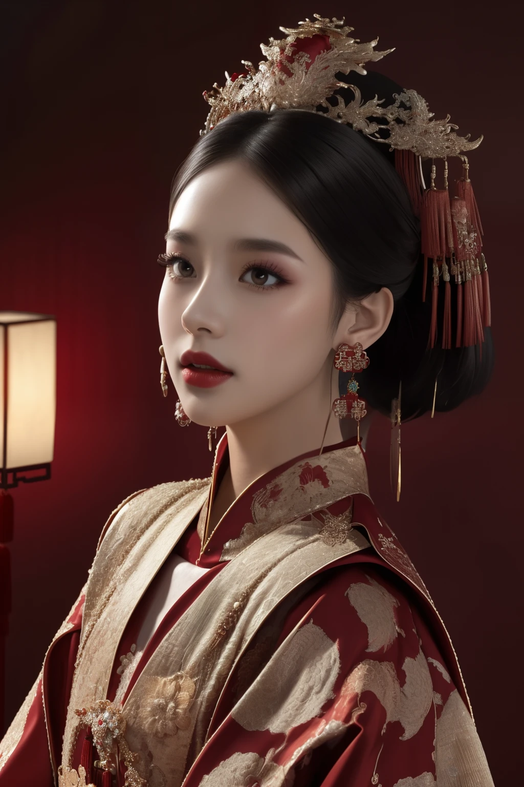 1 girl, Woman in red and gold Chinese dress,Phoenix Coronet,Chinese wedding,(masterpiece,Top quantity,Best quality,Official Art,Beauty and aesthetics:1.2),,Very detailed,,Most detailed,( tangled:1.2), Glowing skin, Ultra-detailed skin textures,(multiple colour:1.4), ,(earrings), (feature:1.5), Same color texture background 8K
