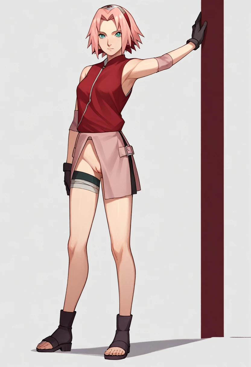 score_9, score_8_up, score_7_up, score_6_up, score_5_up, score_4_up, BREAK, source_anime,
1girl, haruno sakura, pink hair, short hair, green eyes, sleeveless, red shirt, forehead protector, beautiful legs, black gloves,
standing, pussy, bottomless, full body, looking at viewer, solo, simple background, white background
 