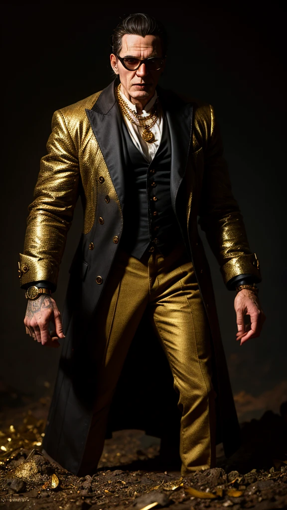 Frankenstein monster, rotten, with black glasses, gold watch, thick gold chains, wearing old suit, ((hyper detailed)), (not duplicated)