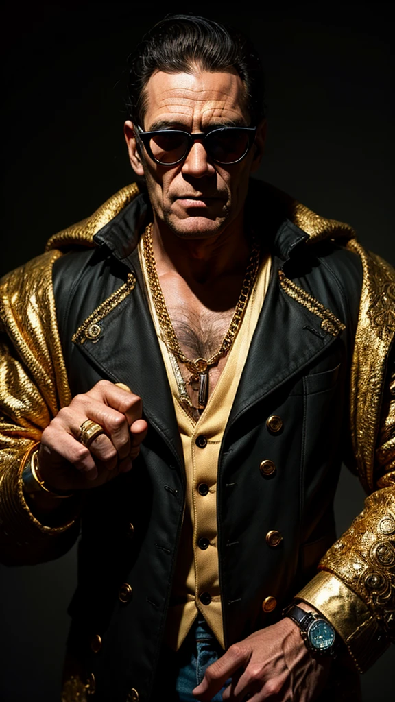 Frankenstein monster, rotten, with black glasses, gold watch, thick gold chains, wearing old suit, ((hyper detailed)), (not duplicated)