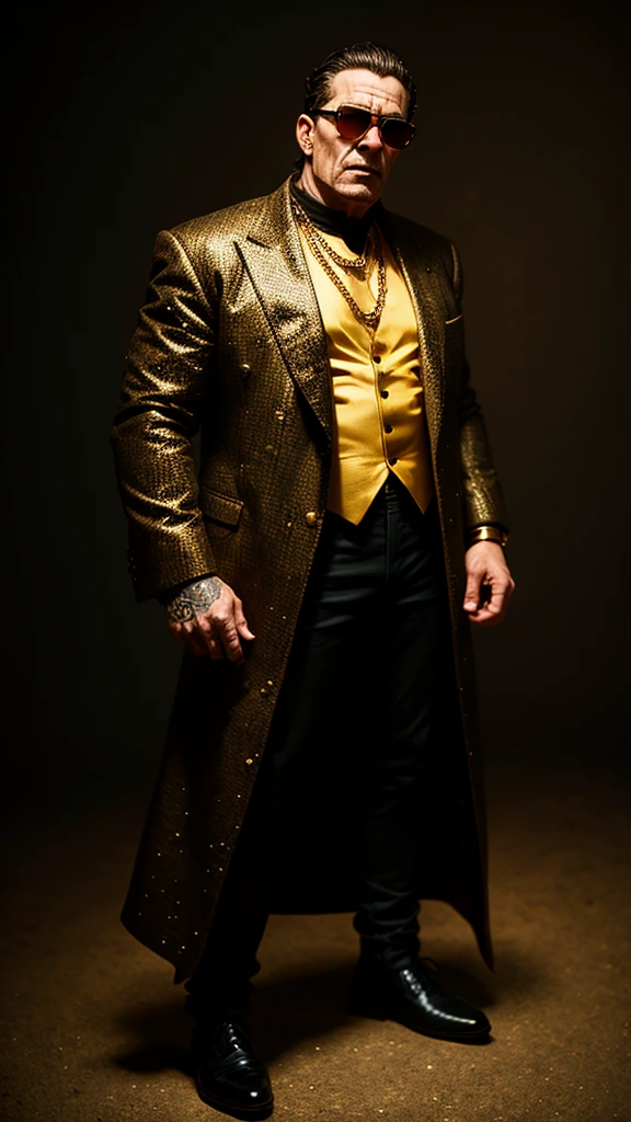 Frankenstein monster, rotten, with black glasses, gold watch, thick gold chains, wearing old suit, ((hyper detailed)), (not duplicated)