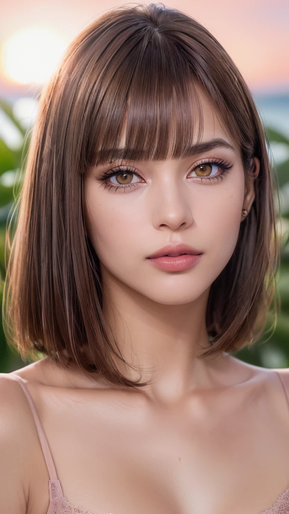 Draw a picture, (photorealistic:1.4), (hyperrealistic:1.4), (realistic:1.3), (smoother ((tropical sunset)) lighting:1.05), (increase Fujicolor quality:0.9), (absurd: 1.3), (best quality), (ultra sharp), RAW photo of (phenomenal model, 24 years old), (ultra detailed, ultra realistic, hyper realistic, 8K, ultra highres:1.2), realistic lighting, backlighting, light on face, ray trace, (brightening light:1.2), (Increase quality:1.4), (best quality real texture skin:1.4), finely detailed eyes, finely detailed face, finely quality eyes, (Brown) [sparkling eyes], [long eyelashes], Double eyelids, (looking at viewer), slim, well-muscled body, medium ass, very detailed hair, (( (light) brown short ((side bangs)), extremely detailed)), (Increase skin texture beauty:1.1), (light makeup, [pink lipstick], eyeliner:1.2)