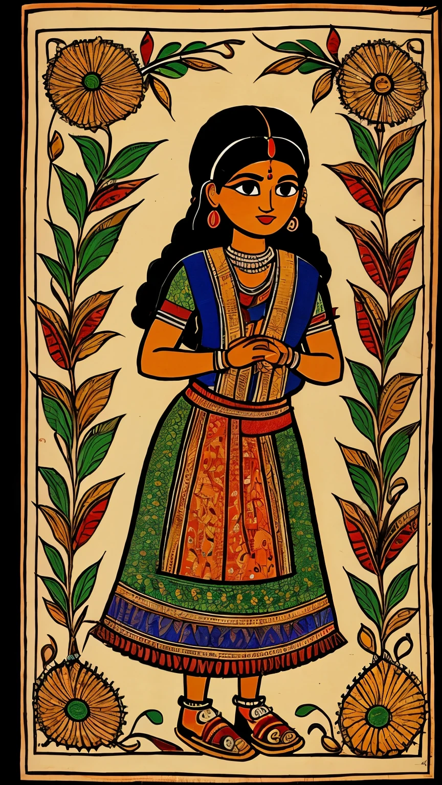 Madhubani art of A person harvesting the sorghum millet and for school ,and is looking for harvesting the sorghum millets.